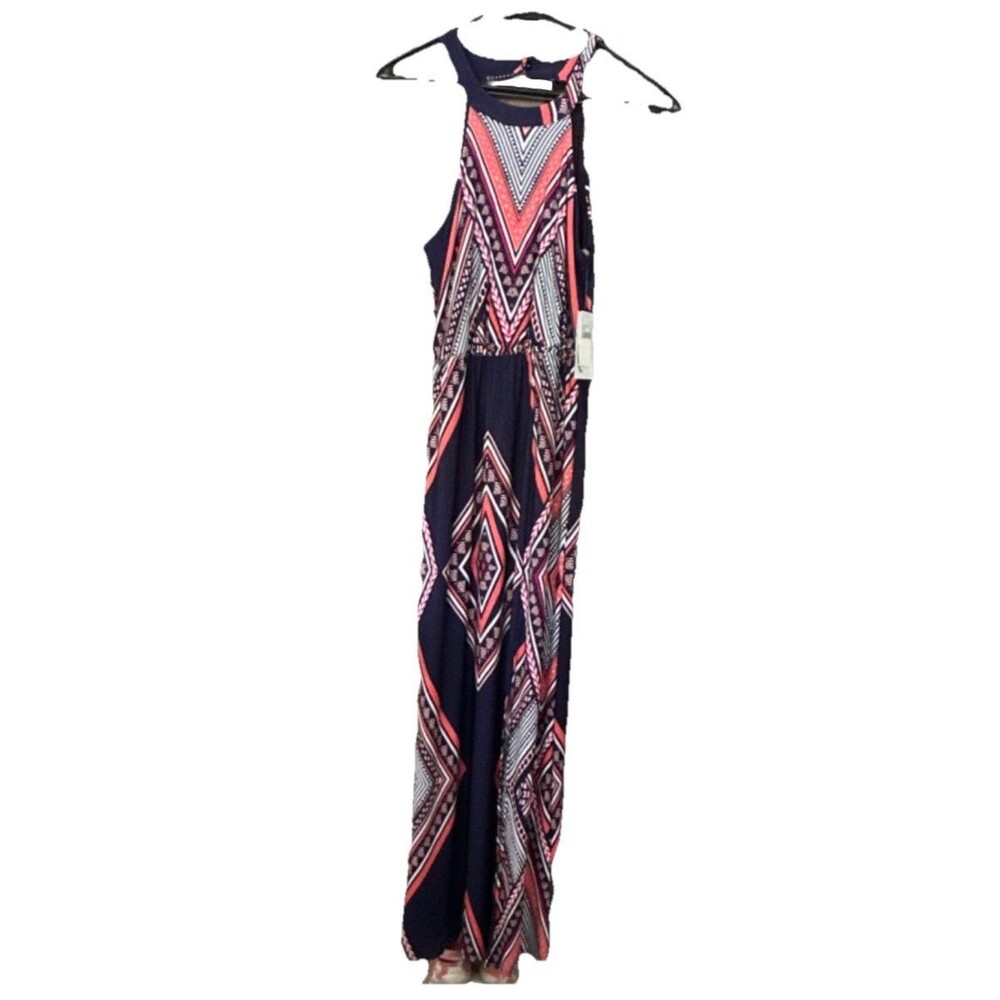 Trithi Women’s Maxi Dress Small Navy Pink Geometric Print Sleeveless Boho NWT